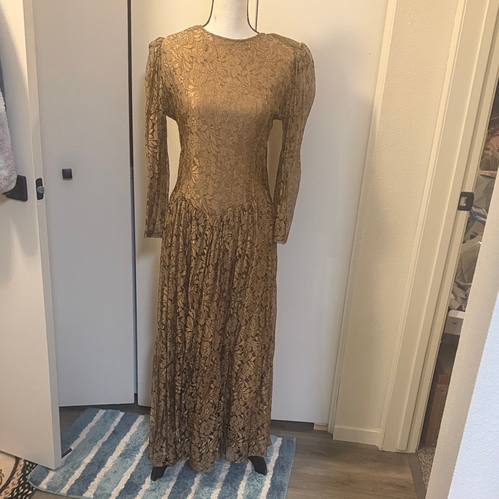 Vintage Passport Pier One Gold Lace and Black Long Sleeve Ankle Dress